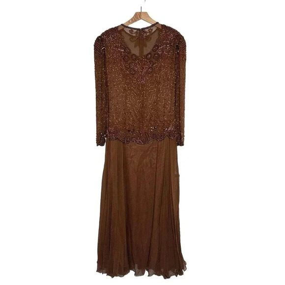Alexis Womens 18 Elegant brown long sleeve silk beaded upper formal dress‎ NEW - Picture 6 of 10